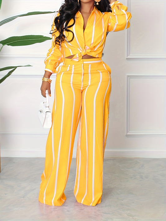 [Two-piece Set Long Sleeve Shirt] Striped Print Two-piece Set, Button Front Collar Long Sleeve Shirt & High Waist Wide Leg Loose Pants Set, Women's Clothing