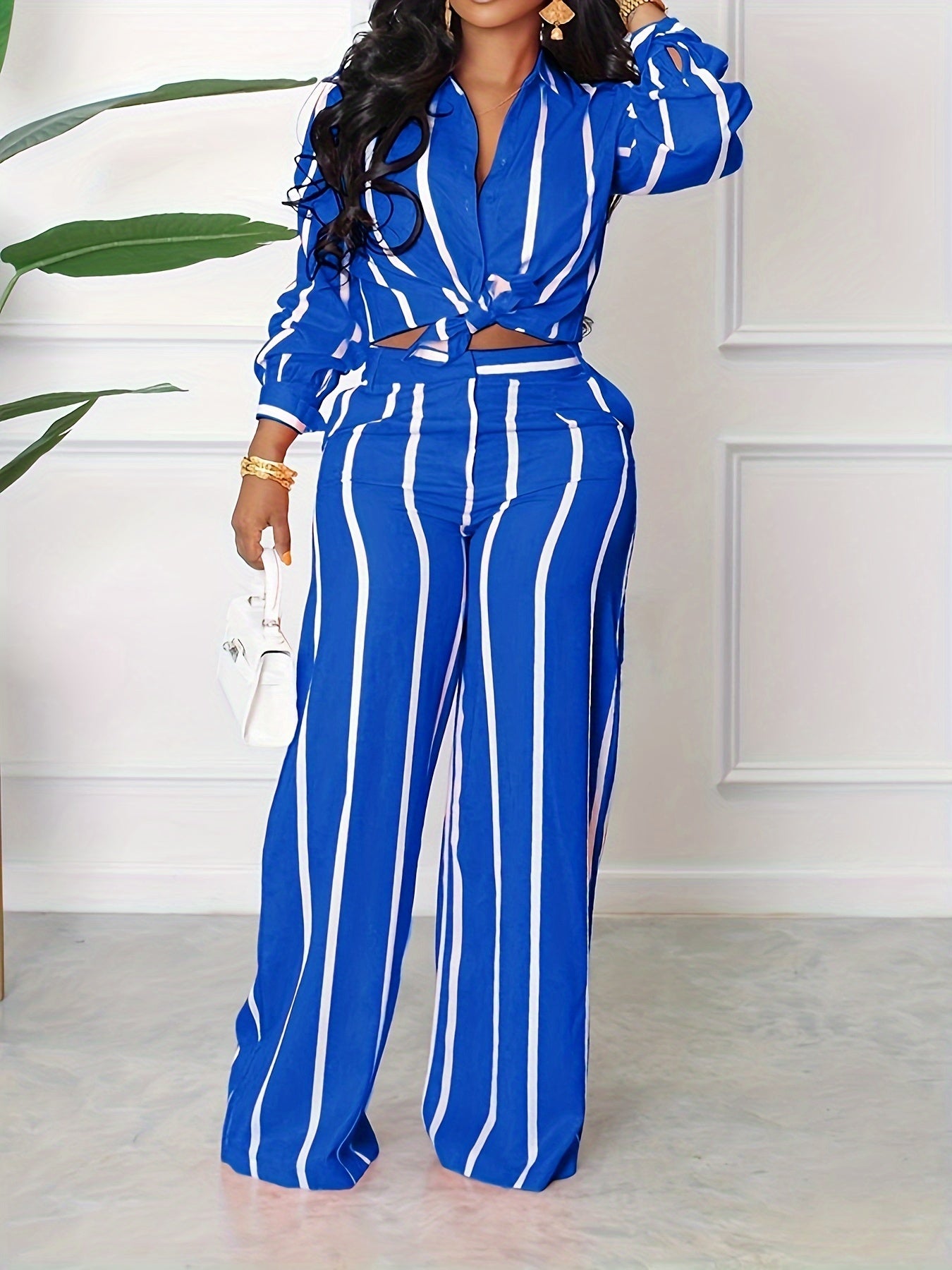 [Two-piece Set Long Sleeve Shirt] Striped Print Two-piece Set, Button Front Collar Long Sleeve Shirt & High Waist Wide Leg Loose Pants Set, Women's Clothing