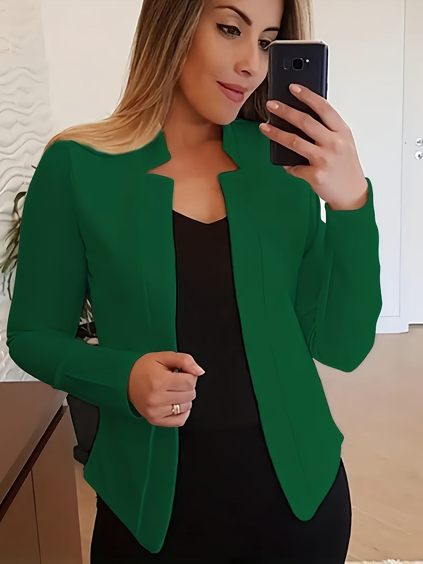 [Everyday Comfort] Women's Elegant Solid Color Polyester Blazer - 95% Polyester, 5% Spandex Knit Fabric, All-Season Stand Collar Jacket for Adults