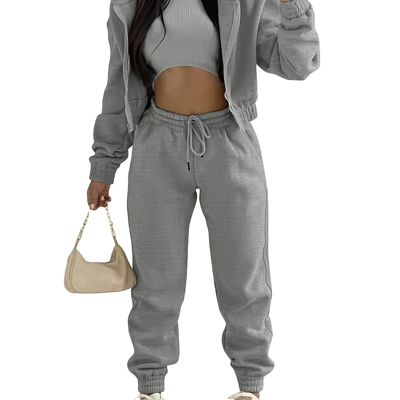 Three-Piece Casual Outfit Set - Zip-Up Hooded Jacket, Sleeveless Crew Neck Tank Top, and Drawstring Elastic Waist Jogger Pants - Comfortable, Versatile, and Stylish Women's Clothing for Everyday Wear