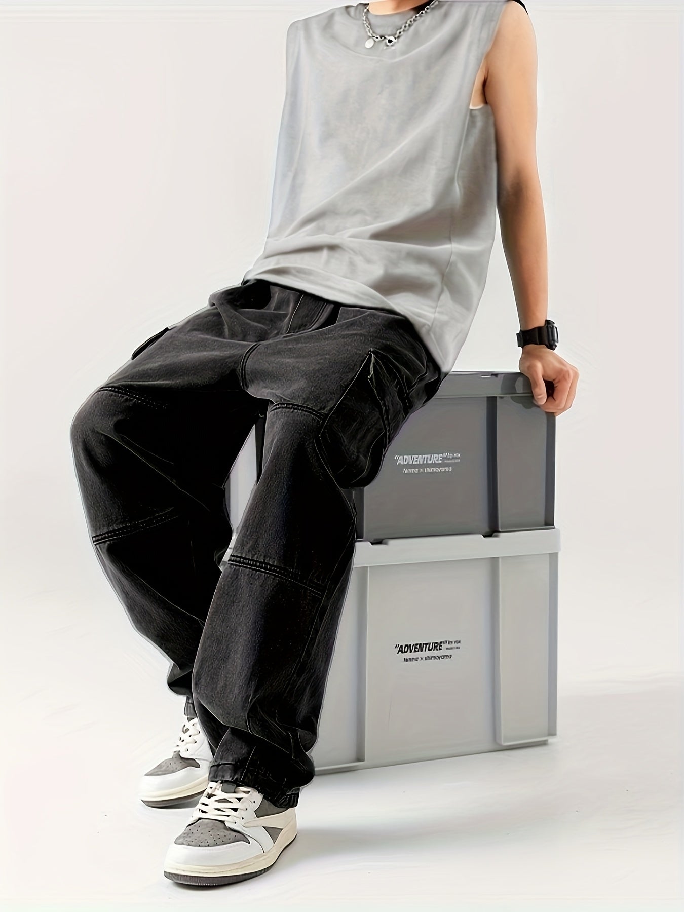 Cargo Jeans For Men Multi Pockets Elastic Waist Denim Casual Streetwear Comfort Pull On Jeans Menswear Pants Soft Denim