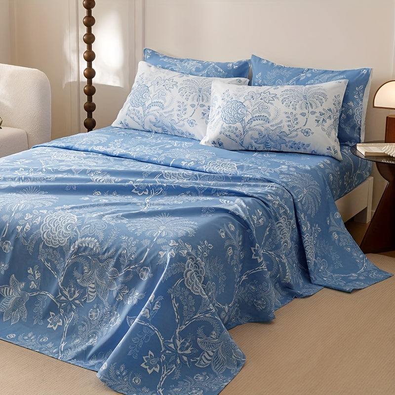 7pcs Blue Flower Plant Design Two-sidedlarge Sizeextra Large Quilt Set (1 Quilt +1 Bed Cap +1 Bed Sheet +4 Pillowcase Without Pillow Core), Contains Padding 180gsm Quilting Soft Ventilate The Four Seasons Apply Bedroom Dormit