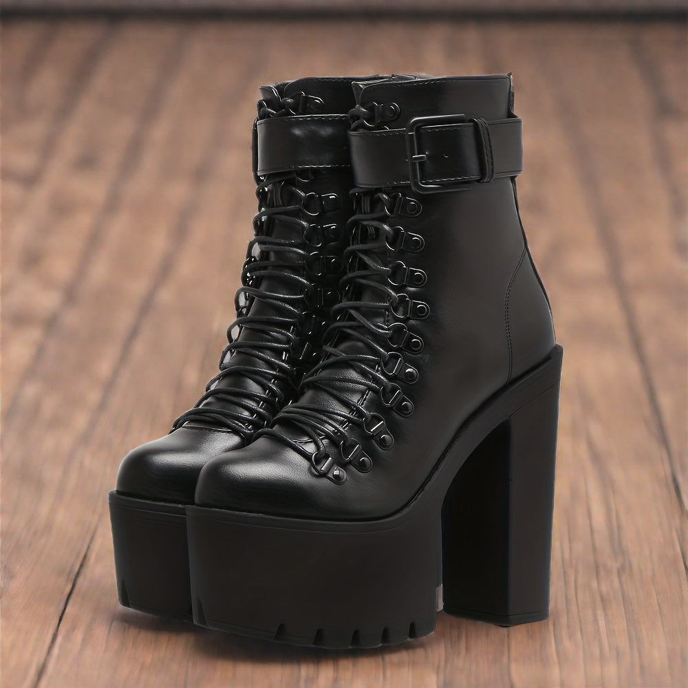 Women's Platform Chunky High Heel Ankle Boots, Black Buckle Strap Lace Up Side Zipper Motorcycle Boots, Punk Style Shoes