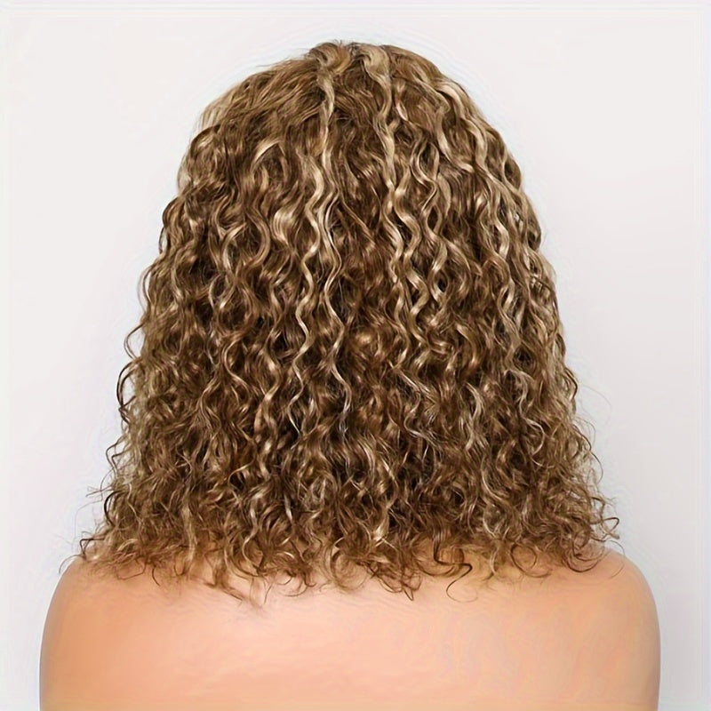 KLAIYI 14Inch Glueless Bob Wig Human Hair - 7x5 Pre-Cut Lace Front, Honey Blonde Ombre Water Wave, 30S Easy Wear, Pre-Bleached & Pre-Plucked, Tangle-Free, No Glue Needed, 150% Density, True to Length, 100% Brazilian Human Hai