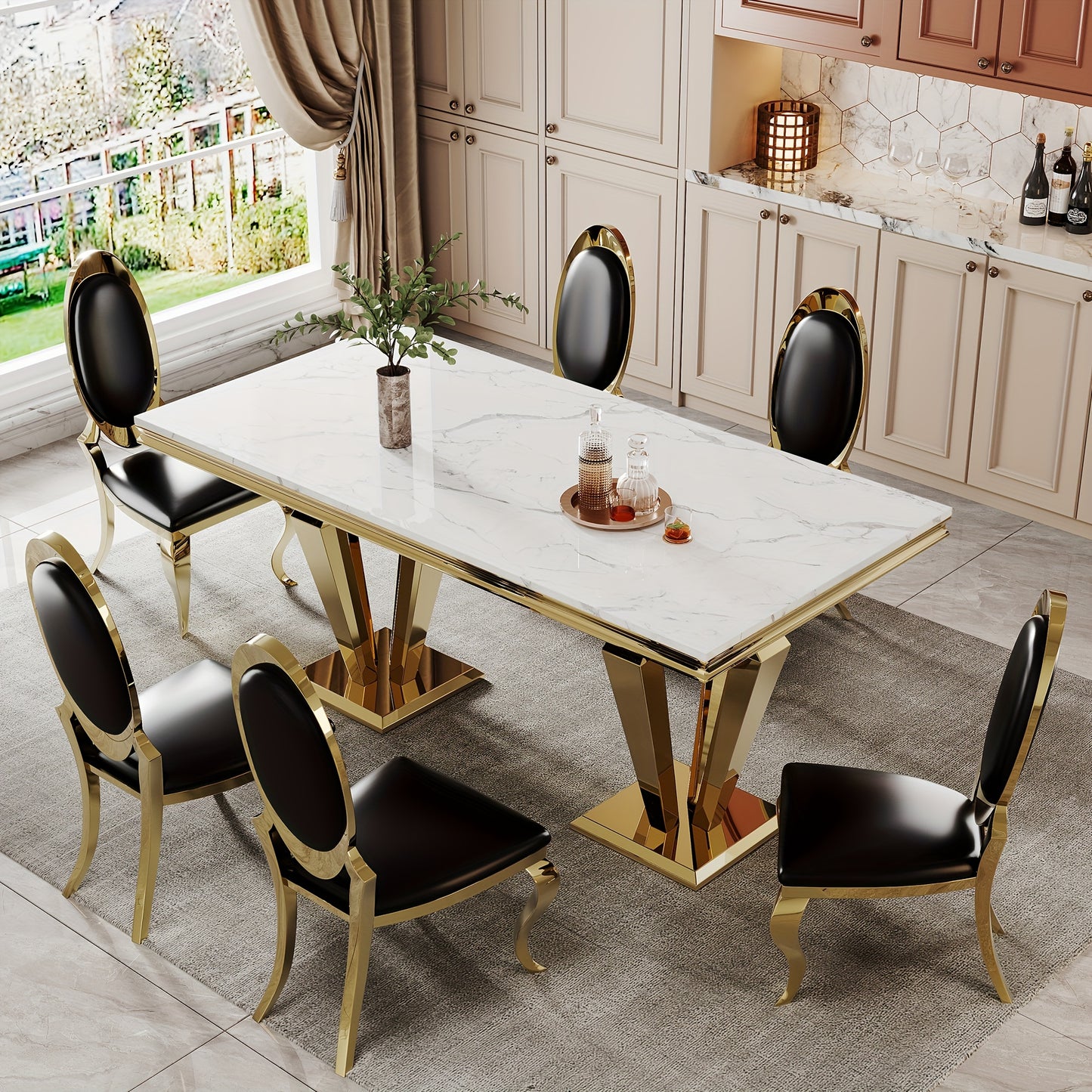 7-piece Luxury Dining Table And Chair Set. One 70-inch Cultured Marble Table With 6 Leather Chairs | Perfect For Kitchens, Home Dining Rooms And Hotel Restaurants