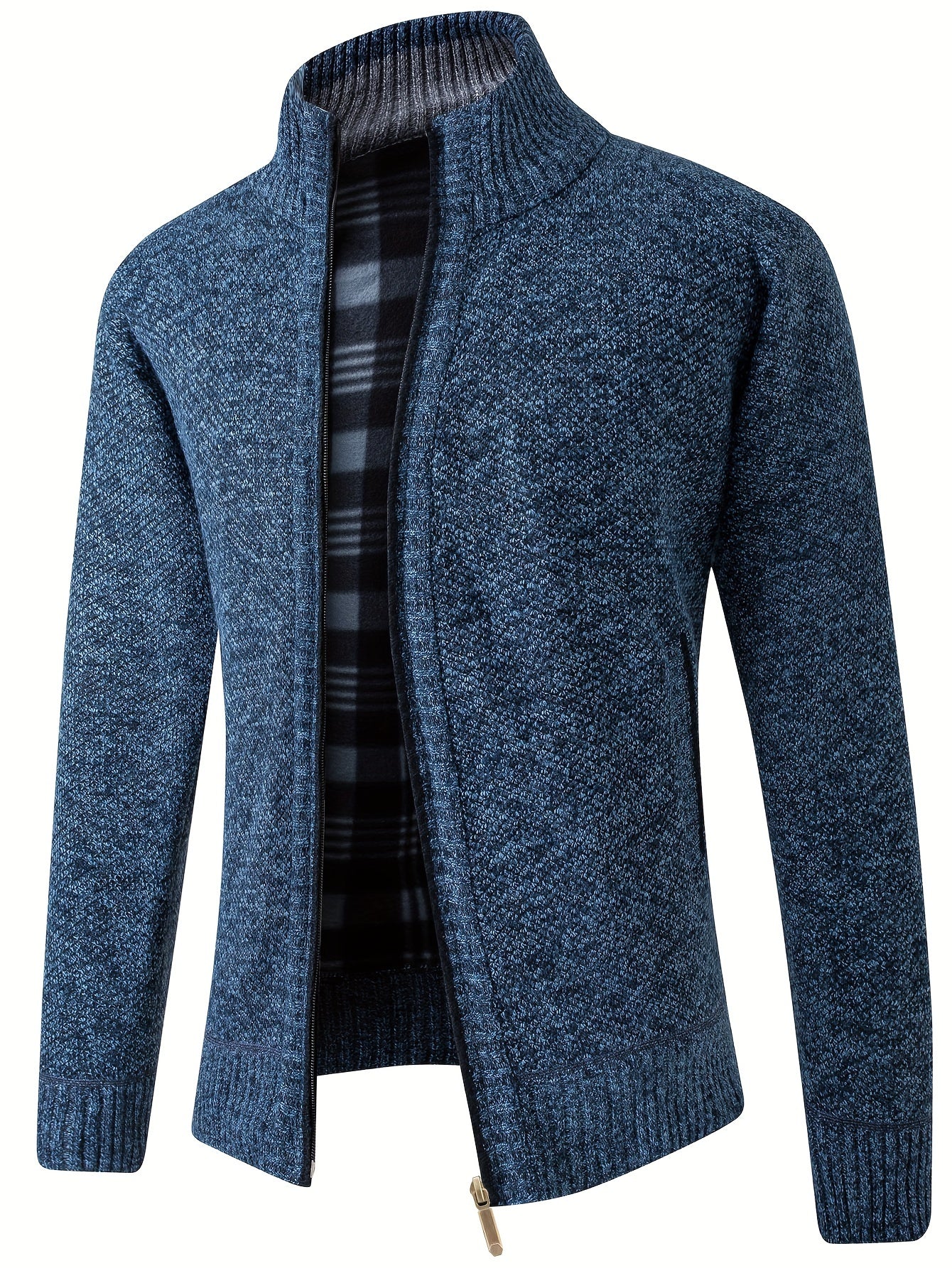 Warm Stand Collar Fleece Jacket, Men's Casual Comfortable Solid Color Zip Up Knitted Cardigan For Spring Fall